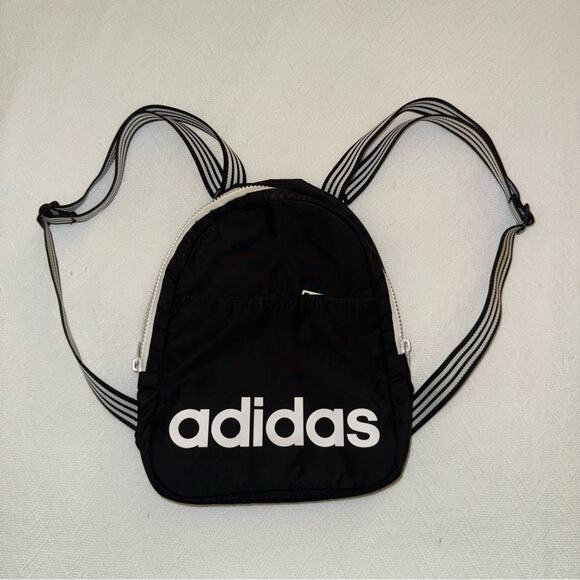 ADIDAS BLACK WHITE Mini Backpack ZIP TOP 2 Pocket quilted back - Picture 1 of 6
